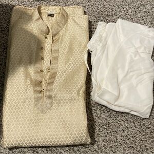 Men’s Indian Kurta Set Cream Gold Wedding Festive Wear